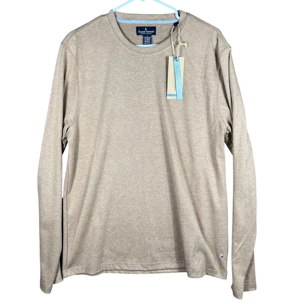 Tailor Vintage Crew Neck Shirt Mens Large Tan Long Sleeve‎ Comfort Stretch NEW